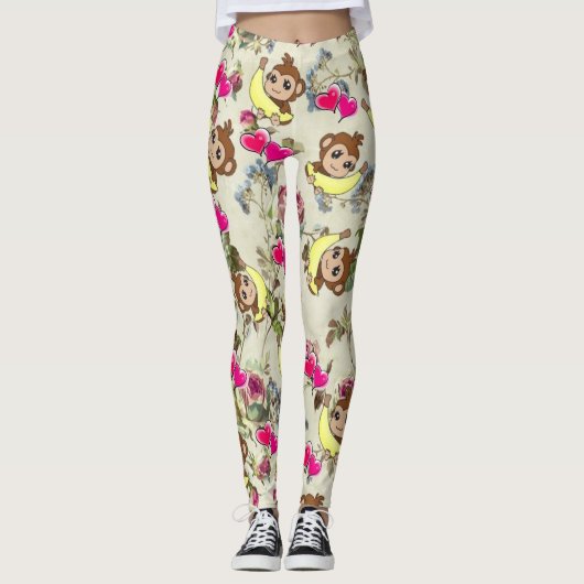 Apen Bananen Roze Harten Bloemen Leggings (Voorkant)