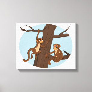 apen die de cartoon van de boom beklimmen canvas afdruk