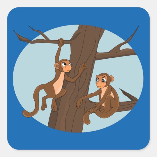 apen die de cartoon van de boom beklimmen vierkante sticker (Voorkant)