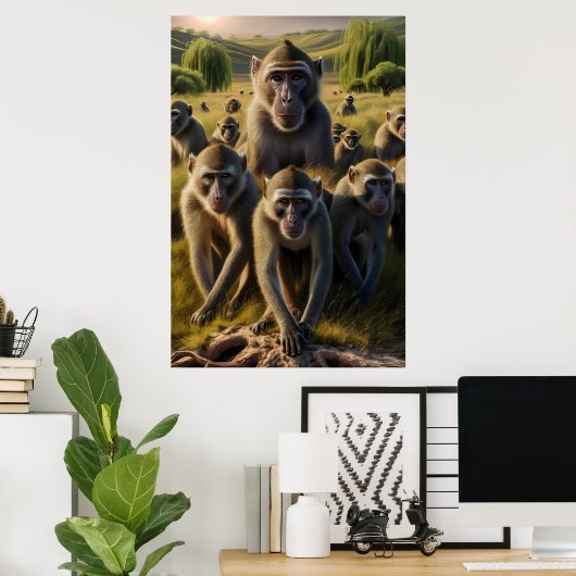 Apen getroond op oude stronk poster (Thuiskantoor)