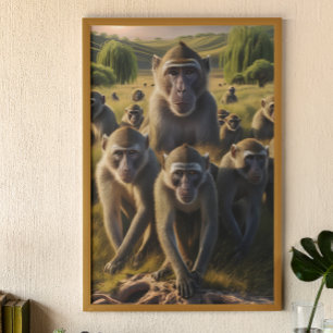 Apen getroond op oude stronk poster