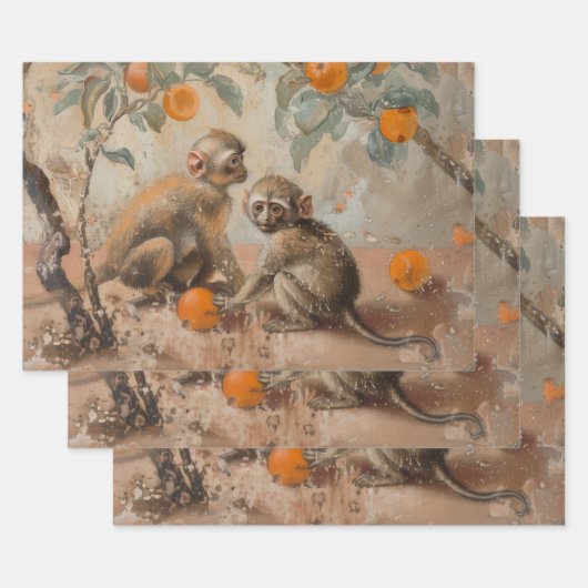 Apen - olieverfschilderij stijl wrapping geschenk  inpakpapier vel (Set)