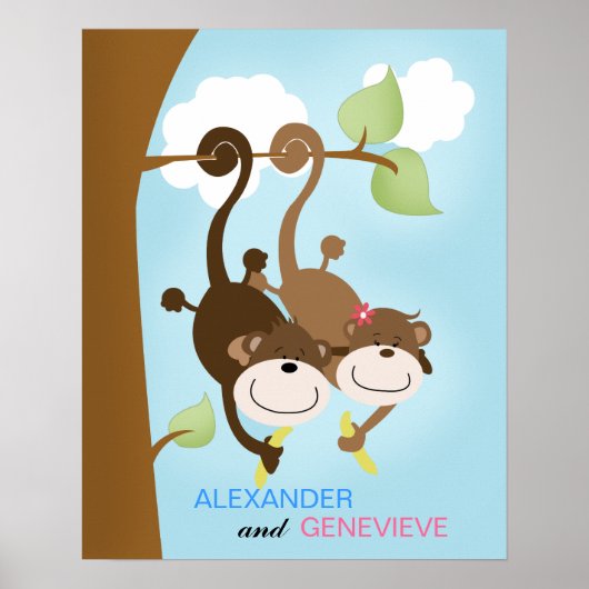 Apenjongen en -meisje MUURKUNSTDRUK 40x50cm Poster (Voorkant)