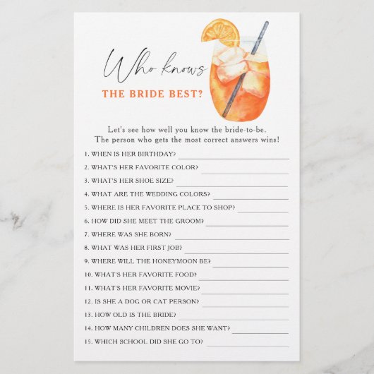 aperol cocktail - Wie kent de bruid beste spel (Voorkant)