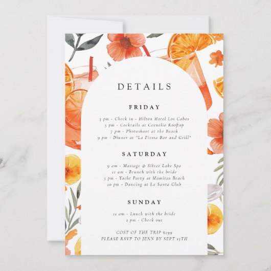 Aperol Spritz Beach Bachelorette Weekend Itinerary Kaart (Achterkant)