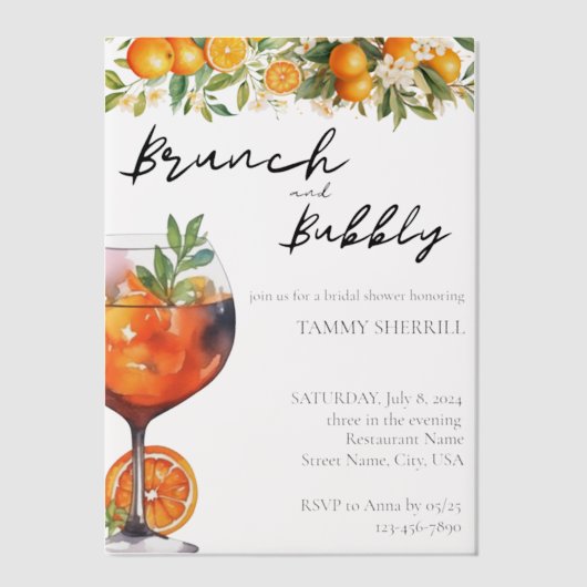 Aperol Spritz Oranje Waterverf Brunch en Bubbel Vellum Uitnodigingen (Voorkant)
