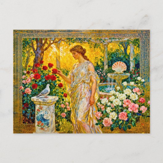 Aphrodite in rozentuin met fontein, schelp en briefkaart (Voorkant)