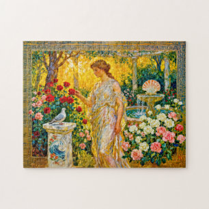 Aphrodite in rozentuin met fontein, schelp en legpuzzel