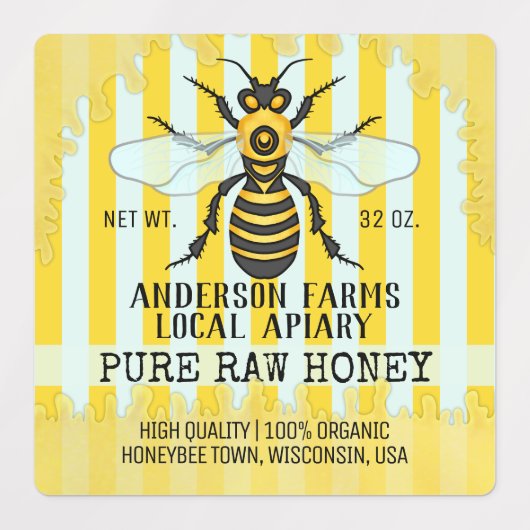 Apiary Bee Honey Jar Honeybee Striped Business Labels (Design 1)