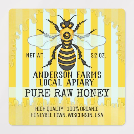 Apiary Bee Honey Jar Honeybee Striped Business Labels (Design 2)