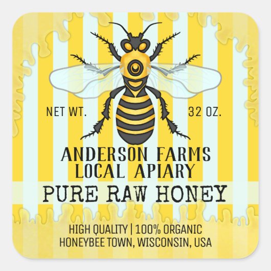 Apiary Bee Honey Jar Labels | Honingbij gestreept (Voorkant)
