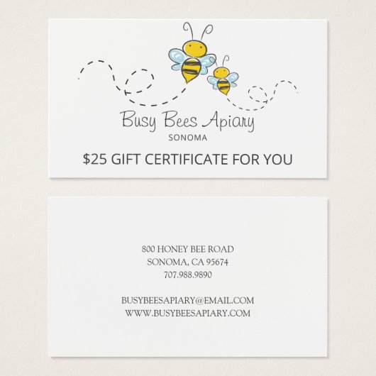 Apiary Gift Certificate van de imker van honingbij Visitekaartje (Voorkant /achterkant)