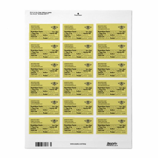 Apiary Info Honey Nutrition Facts Straw Gold Etiket (Full Sheet)