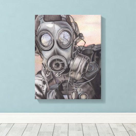 Apocalypse Prepper in Gas Mask Art Piece Canvas Afdruk (Insitu (Houten vloer))