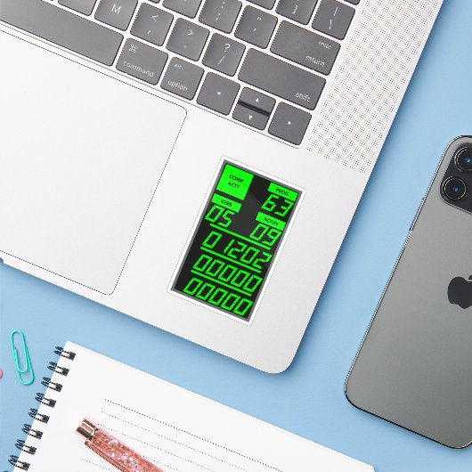 Apollo 11 DSKY Display, alarmcode 1202 Sticker (Laptop met iPhone)