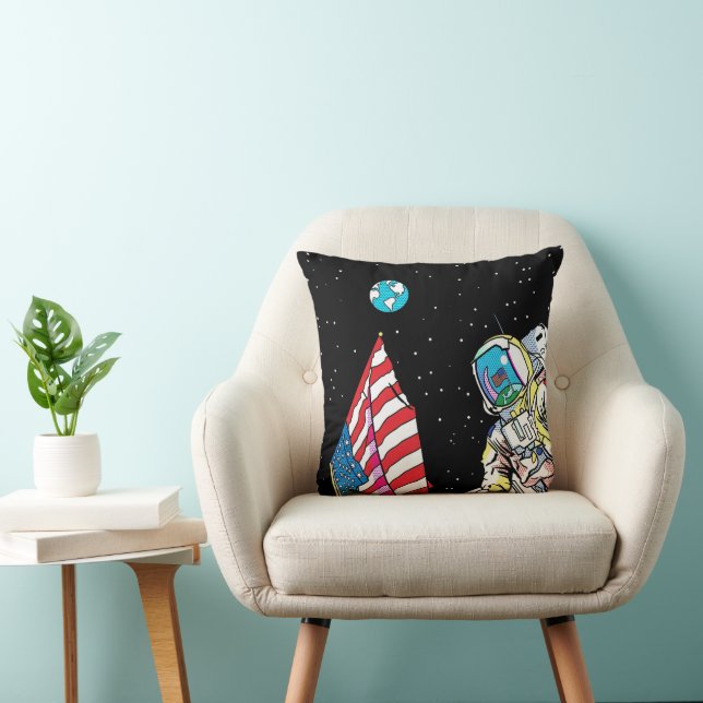 Apollo Astronaut met Vlag en Aarde Pop Art Kussen (Stoel)