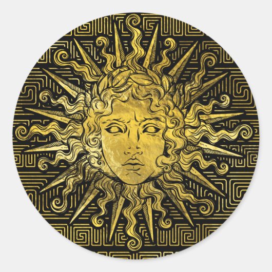 Apollo Sun-symbool op Grieks sleutelpatroon Ronde Sticker (Voorkant)