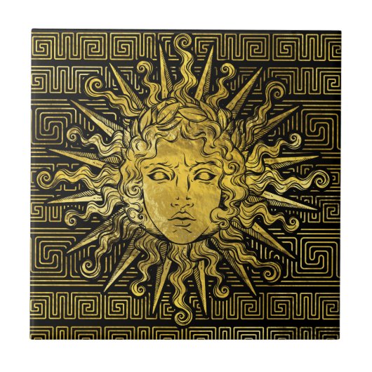 Apollo Sun-symbool op Grieks sleutelpatroon Tegeltje (Voorkant)