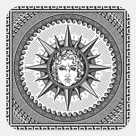 Apollo zon God symbool op Grieks sleutel Ornament Vierkante Sticker (Voorkant)