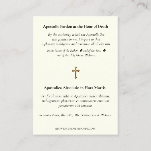 Apostolic Blessing Catholic Prayer Latin  Visitekaartje (Achterkant)