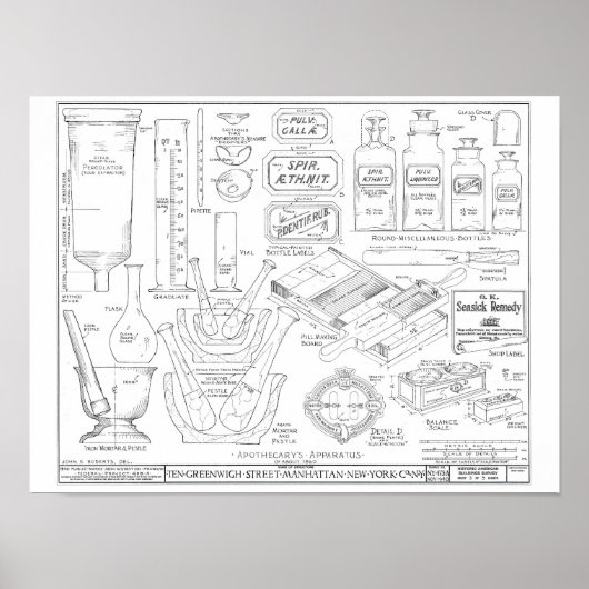 Apothecaire gereedschappen flessen  kunst illustra poster (Voorkant)