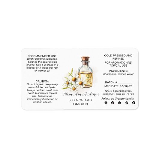 Apothecary Chamomile Essential Oils Waterverf Etiket (Voorkant)