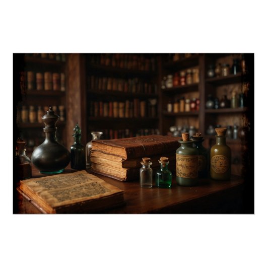 Apothecary tafel middeleeuwse scène perfect poster (Voorkant)