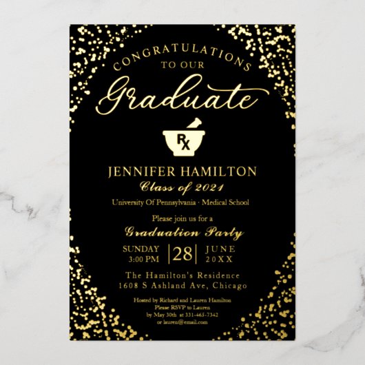 Apotheek School Afstudeerder Party Zwart Goud Folie Uitnodiging (Voorkant)