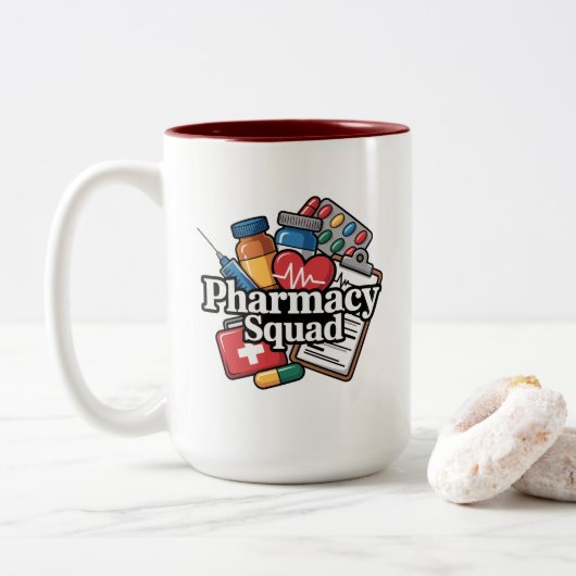 'Apotheekteam'. Tweekleurige Koffiemok (Met donut)