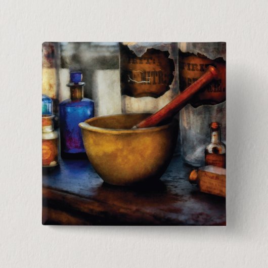 apotheker: Mortar en Pestle Vierkante Button 5,1 Cm (Voorkant)