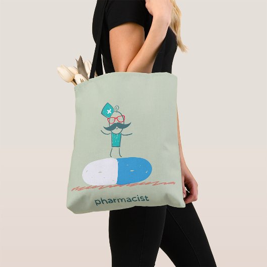 Apotheker op blauwe pillen capsule tote bag