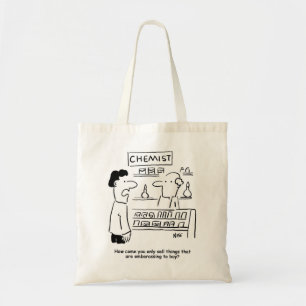 Apotheker verkoopt alleen maar verlegen makende pr tote bag