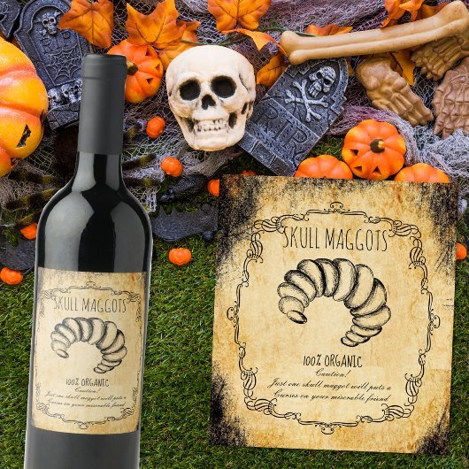 Apothekers haloween vintage Schedel maden Wijn Etiket