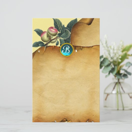 APPARAAT BRANCH, Parchment Blue Gemstone Monogram Briefpapier (Staand voorkant)