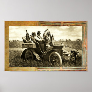 APPARATEN EN GERONIMO DIE EEN MOTORAUTO BESTUDEREN POSTER