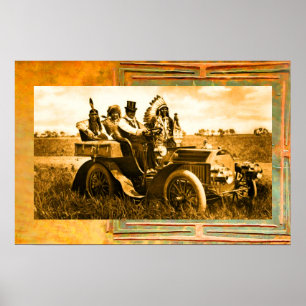 APPARATEN EN GERONIMO DIE EEN MOTORAUTO BESTUDEREN POSTER