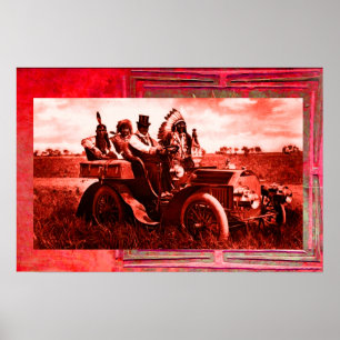 APPARATEN EN GERONIMO DIE EEN MOTORAUTO BESTUDEREN POSTER