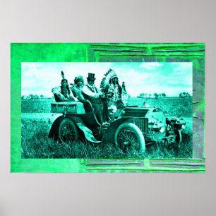 APPARATEN EN GERONIMO DIE EEN MOTORAUTO BESTUDEREN POSTER
