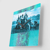 APPARATEN EN GERONIMO DIE EEN MOTORAUTO BESTUDEREN VIERKANTE KLOK (Hoek)