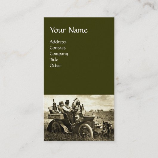 APPARATEN EN GERONIMO DIE EEN MOTORAUTO BESTUDEREN VISITEKAARTJE (Voorkant)