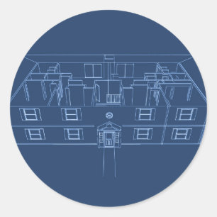 appartementengebouw / huis: blauwe afdrukken ronde sticker