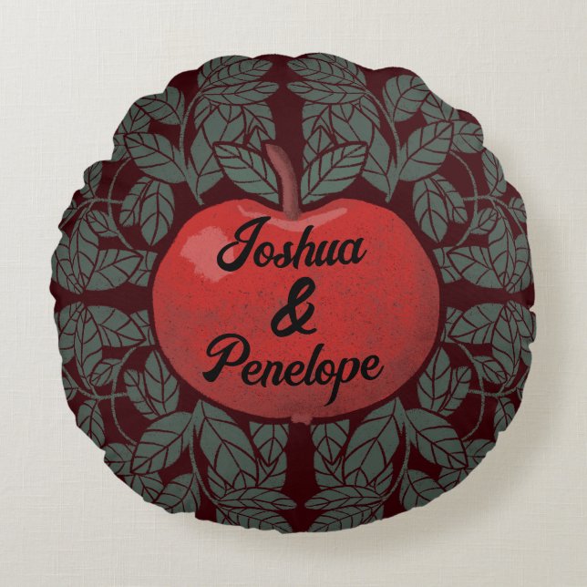 Appel in een boom, gepersonaliseerd, namen, rustie rond kussen (Voorkant)