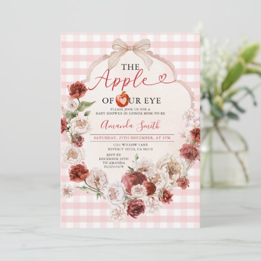 Appel van onze Eye Baby shower Bow Pink Gingham Kaart (Staand voorkant)