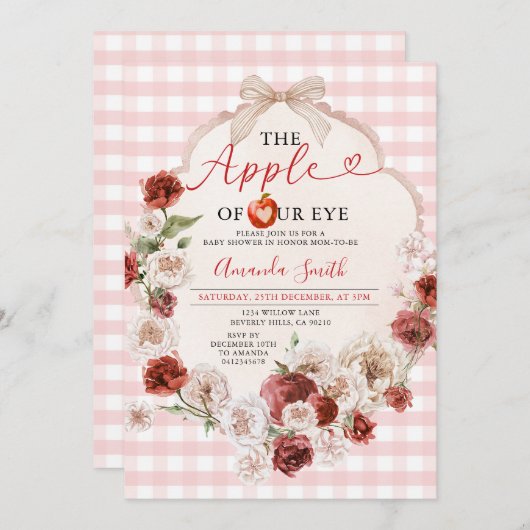 Appel van onze Eye Baby shower Bow Pink Gingham Kaart (Voorkant / Achterkant)