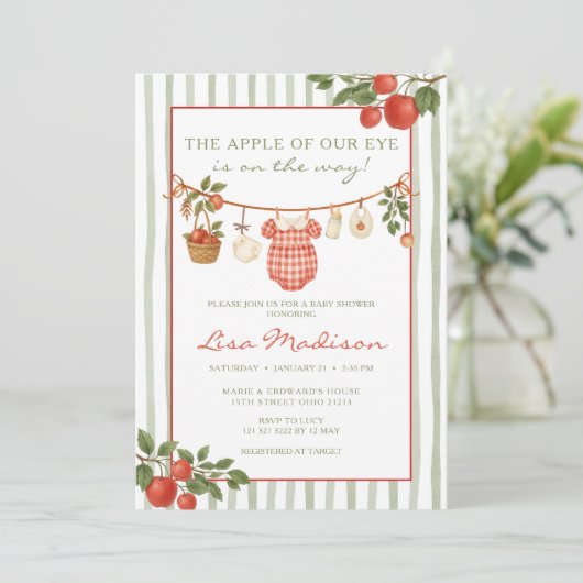 Appel van onze Eye Clothesline Baby shower Kaart (Staand voorkant)