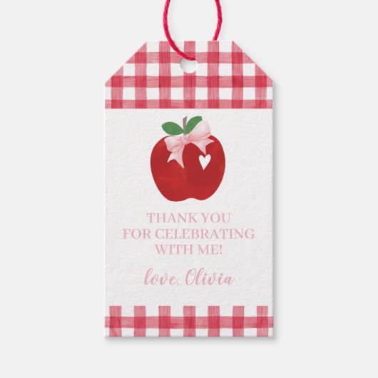 Appel verjaardag roze strik en ruitjes cadeaulabel (Voorkant)