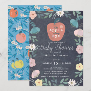 Appel zwart krijtbord bloemenblauw Baby shower Kaart