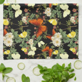 Appelbloesem en vlinders zwarte achtergrond theedoek (Gevouwen)