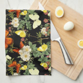 Appelbloesem en vlinders zwarte achtergrond theedoek (Quarter Fold)