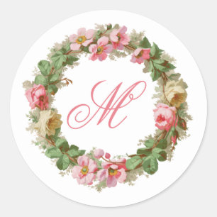 Appelbloesems en Rozen Krans w / Monogram Ronde Sticker